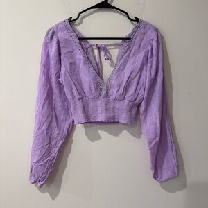 Aeropostale purple v neck cropped open back long sleeve top size small